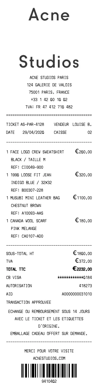 Acne Studios Receipt