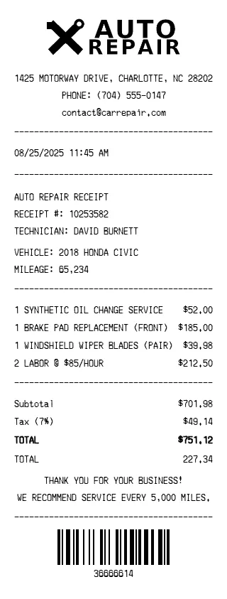 Auto Repair Receipt
