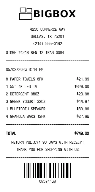 Big Box Store Receipt