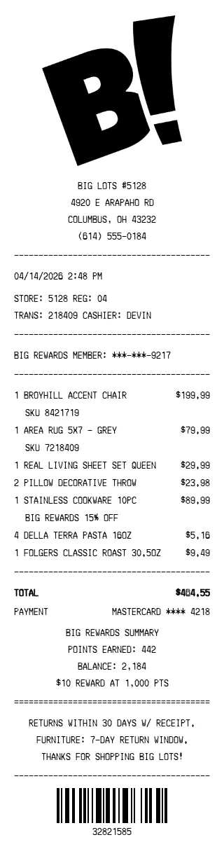 Big Lots Receipt