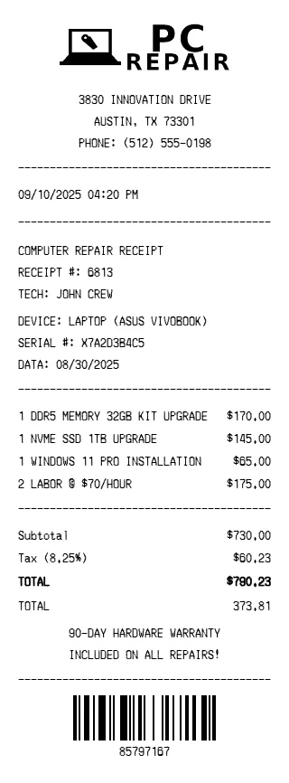 Computer Repair Receipt Preview