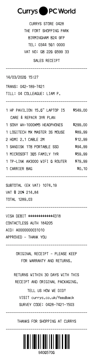 Currys PC World Receipt