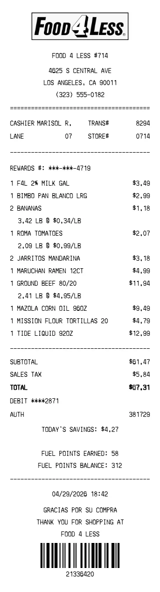 Food 4 Less Receipt