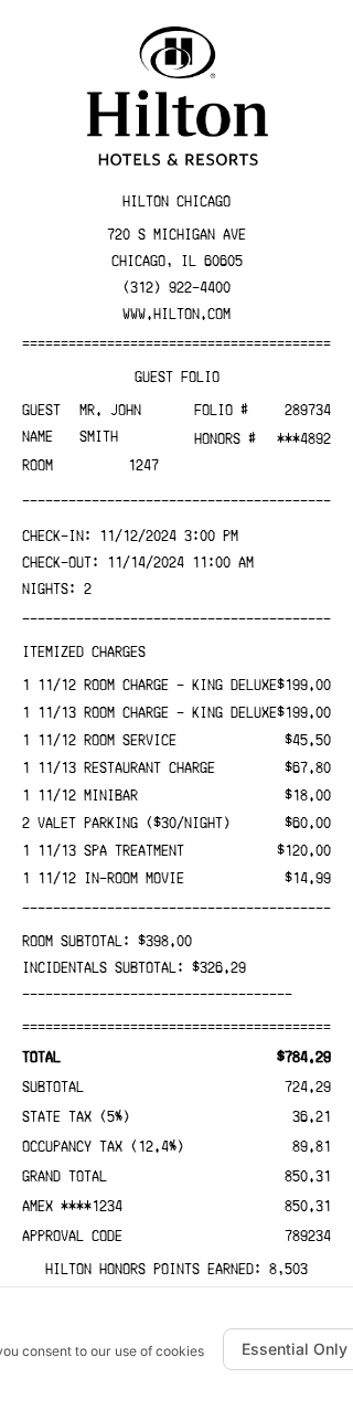 Hilton Hotel Receipt Receipt