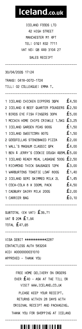 Iceland Store Receipt