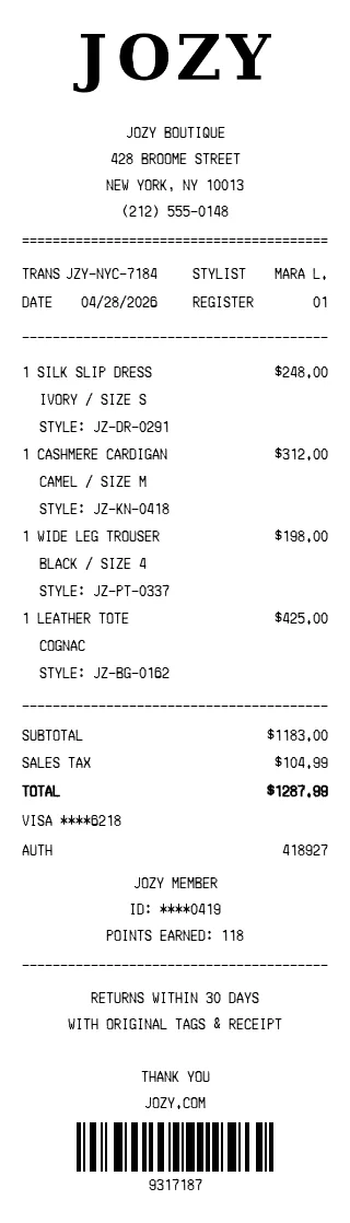 JOZY Receipt