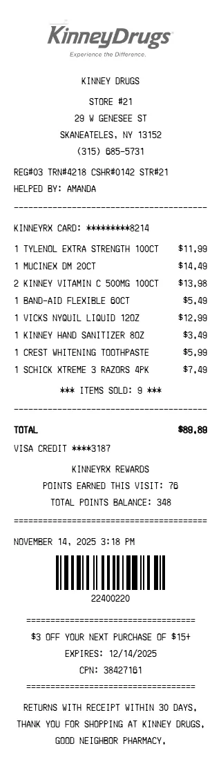 Kinney Drugs Receipt