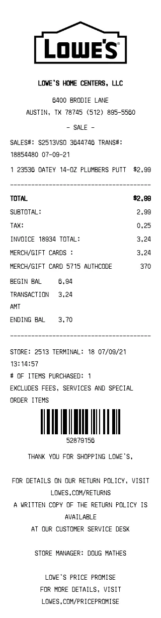 Lowe's Receipt