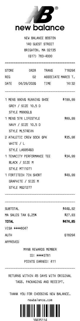 New Balance Receipt