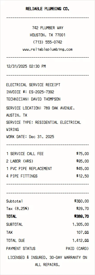 Plumber Receipt
