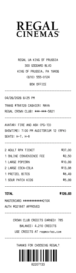Regal Cinemas Receipt