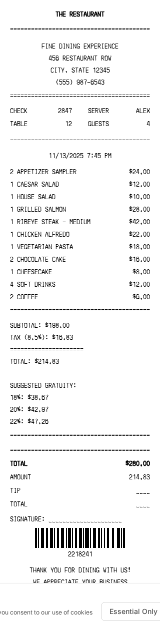 Restaurant Bill Receipt