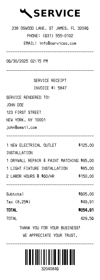 Service Receipt Preview