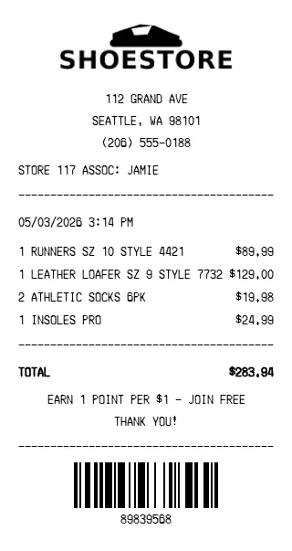 Shoe Store Receipt