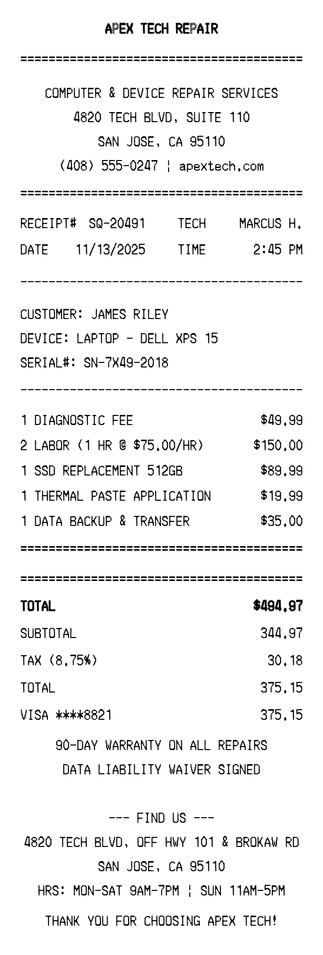 Square-Style Service Receipt Receipt