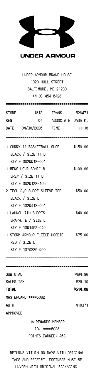 Under Armour Receipt
